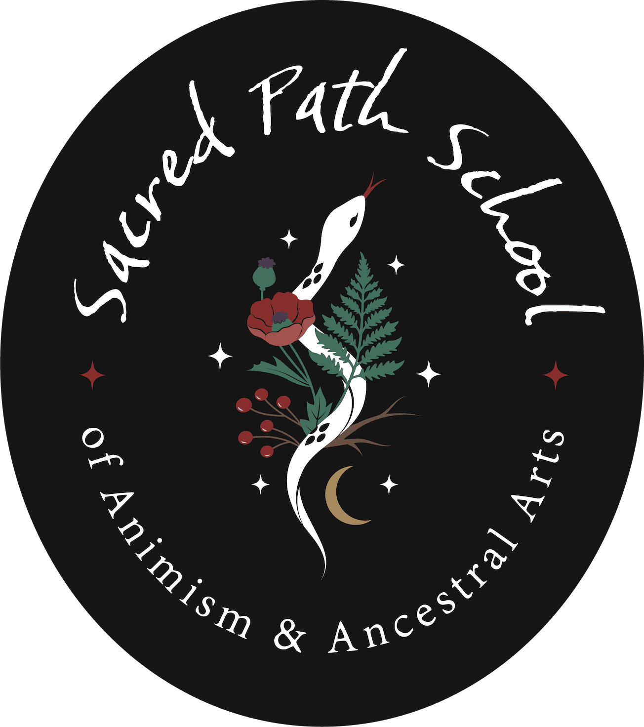 Sacred Path School of Animism and Ancestral Arts logo - a white snake intertwined with flowers, berries, ferns, and a crescent moon on a black background